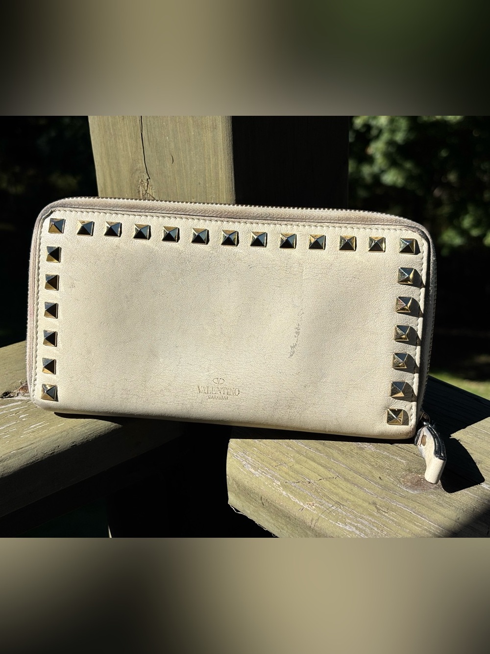 Valentino Garavani Ivory Leather Rockstud Clutch with Gold Studs